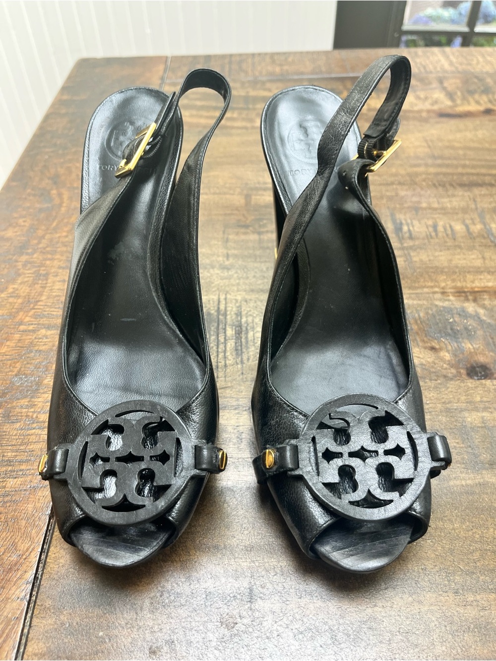 Tory Burch Black Leather Slingback Peep-Toe Heels Size 9 1/2